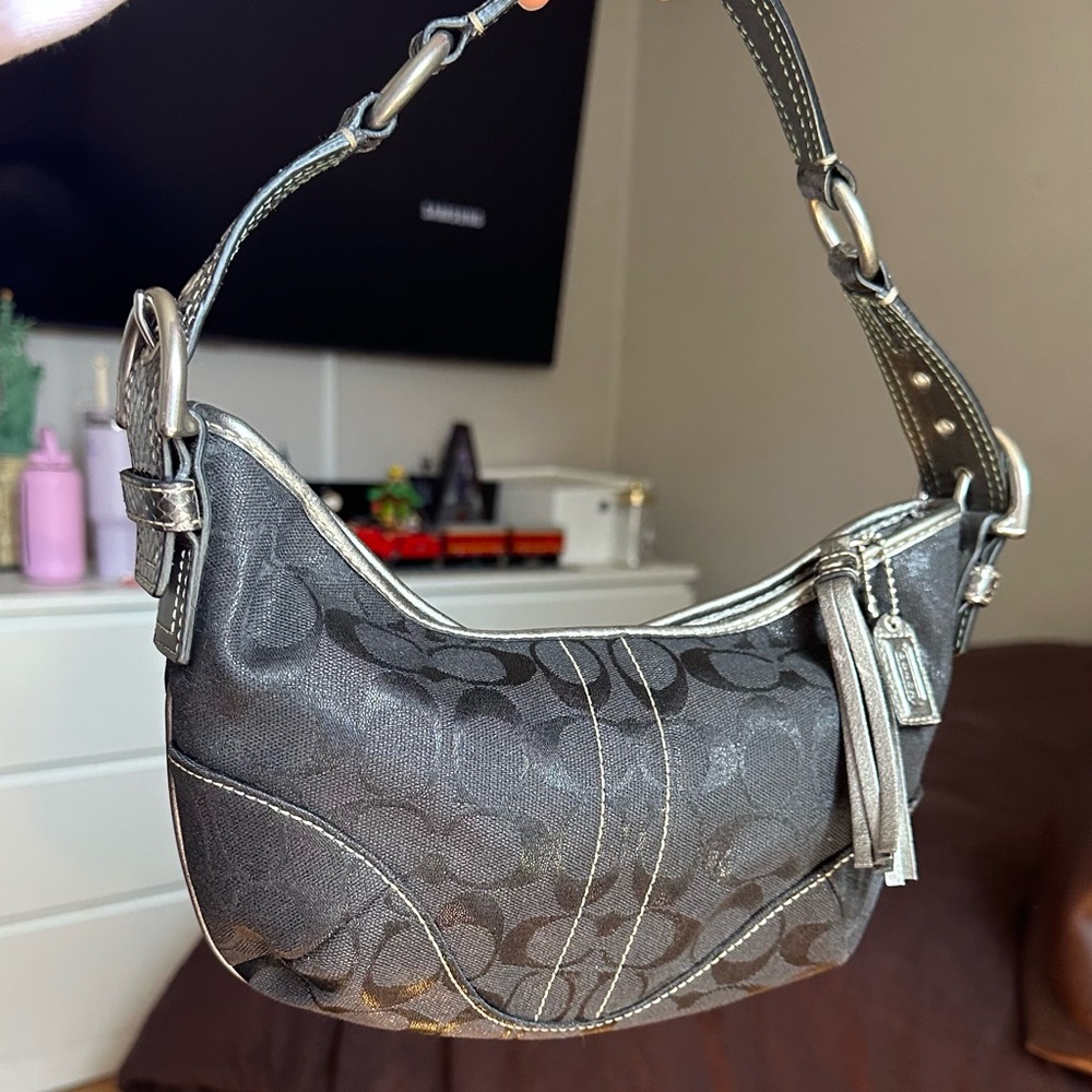 Mini Coach Gray and Silver Shoulder Bag with Signature Canvas